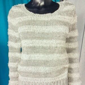 FANG Cream and Light Gray Striped Fuzzy Crewneck Sweater